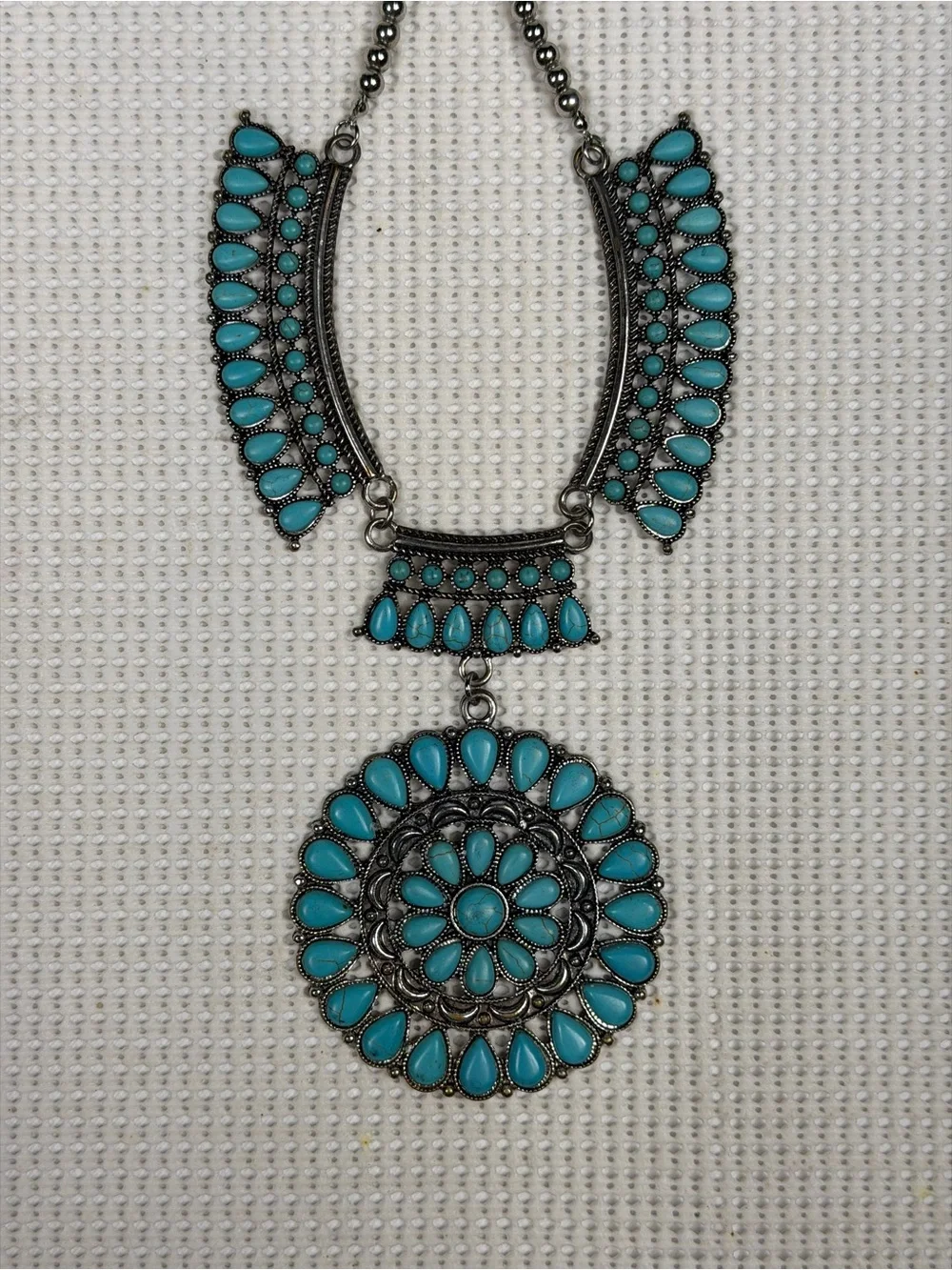 Faux Turquoise Teardrop Bold Statement Necklace - Aztec, Native American,